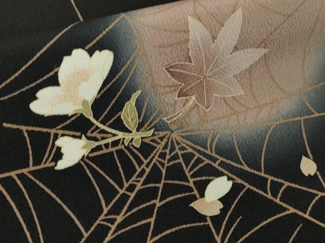 平和屋本店□極上 訪問着 桜楓 蜘蛛の巣 黒地 ロング丈 逸品