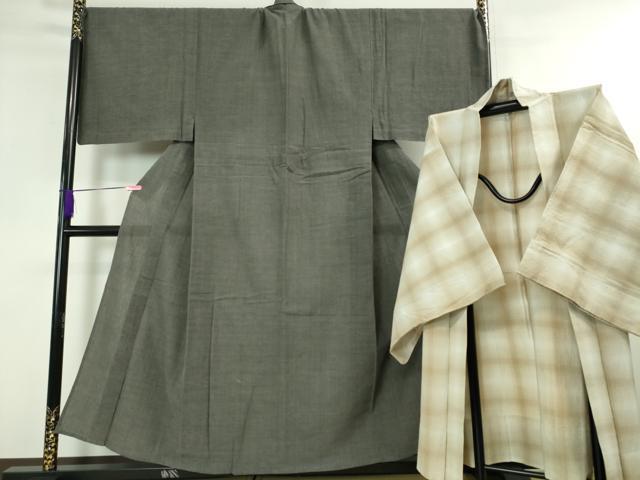 平和屋本店■極上　男性　綿紬　単衣　アンサンブル　長羽織セット　キングサイズ　綿屋謹製　着物：藍墨茶色地　逸品　DZAA4520kh5
