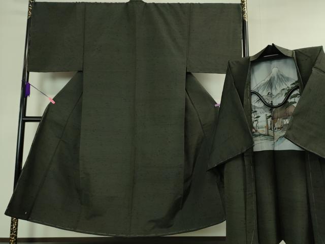 平和屋本店■極上　男性　ひげ紬　アンサンブル　長羽織セット　黒緑色地　逸品　未使用　DZAA4526kh5