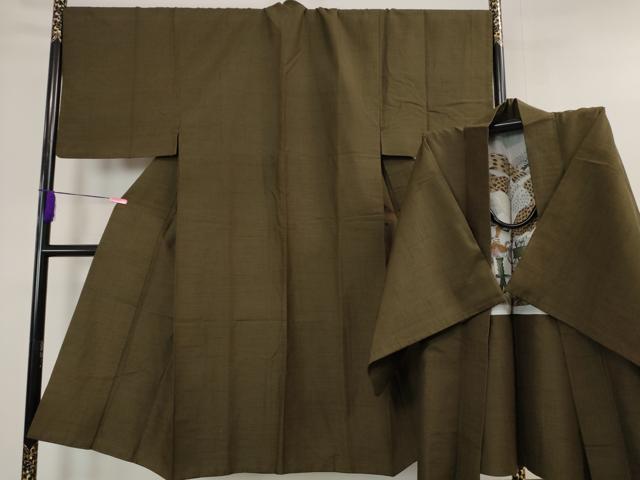 平和屋本店■極上　男性　紬　アンサンブル　キングサイズ　海松茶色　羽裏・鷹　逸品　DZAA4534kh5