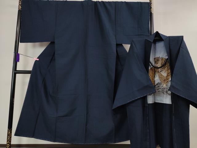 平和屋本店■極上　男性　紬　アンサンブル　色無地　紺青色　羽裏・虎　逸品　未使用　DZAA4535kh5