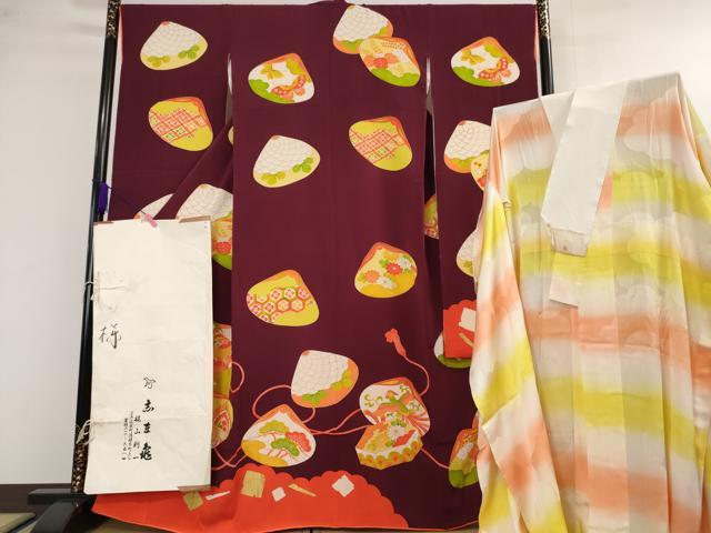 平和屋本店■極上　銀座　志ま亀　振袖・長襦袢(無双仕立て)セット　貝合わせ　貝桶　葡萄色地　金彩　たとう紙付き　逸品　DZAA4537kh5