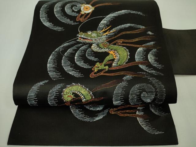 平和屋本店■極上　アンティーク　大正ロマン　九寸名古屋帯　手描き　龍　黒地　金彩　逸品　DZAA4581kh5