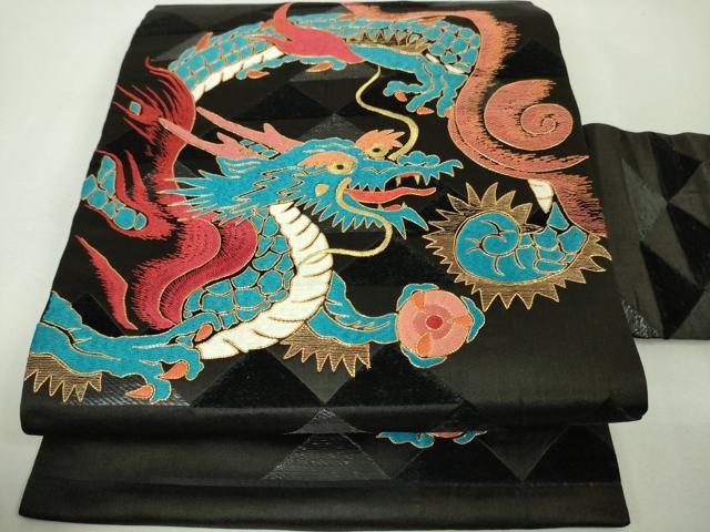 平和屋本店■極上　アンティーク　大正ロマン　九寸名古屋帯　総手刺繍　駒刺繍　雨山・画　龍　黒地　金糸　逸品　DZAA4583kh5