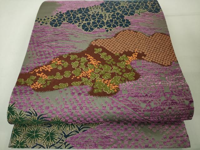 平和屋本店■極上　西陣　白綾苑大庭　六通柄袋帯　幻の貝紫　草花文　金糸　逸品　未使用　DZAA4592kh5