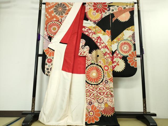 平和屋本店□極上 アンティーク 大正ロマン 振袖 駒刺繍 檜扇吉祥花文