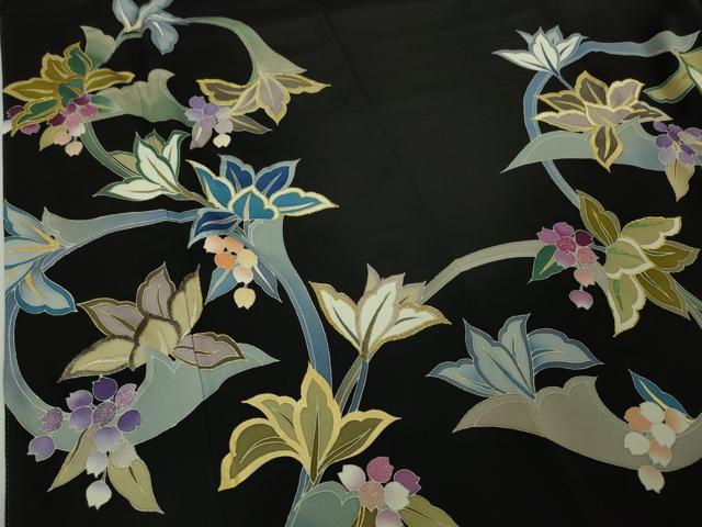 平和屋本店■極上　アンティーク　大正ロマン　振袖　駒刺繍　御所車檜扇花文　黒地　金彩　逸品　CZAA2046s5 平和屋本店□極上 アンティーク 大正ロマン 振袖 駒刺繍 御所車檜扇花文