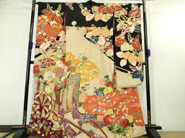 アンティーク着物　二尺袖大正ロマン　小振袖　駒刺繍　檜扇吉祥花文　正絹 平和屋本店□極上 アンティーク 大正ロマン 振袖 駒刺繍 檜扇吉祥花文