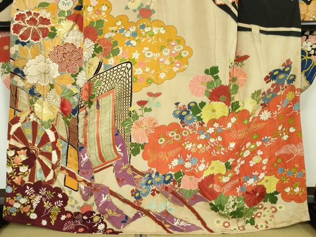 平和屋本店□極上 アンティーク 大正ロマン 振袖 駒刺繍 御所車花文