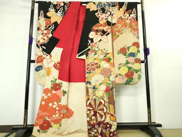 平和屋本店■極上　アンティーク　大正ロマン　振袖　駒刺繍　御所車花文　黒地　金彩　逸品　DZAA4722kh5 平和屋本店□極上 アンティーク 大正ロマン 振袖 駒刺繍 御所車花文