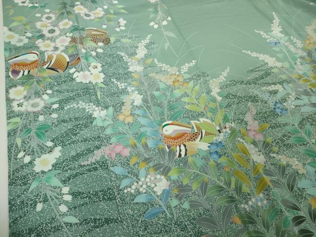 平和屋着物○極上 手描友禅 奥田秀水 訪問着 鴛鴦花文 たたき染め 千草