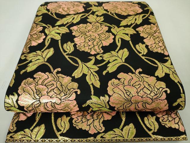 平和屋本店■極上　龍村美術織物 　六通柄　本袋帯　福寿花王文　黒地　金糸　逸品　DZAA4782kh5