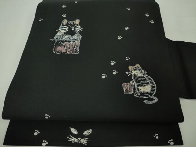 平和屋本店■極上　九寸名古屋帯　猫　ネコ　黒地　逸品　DZAA4832kh5