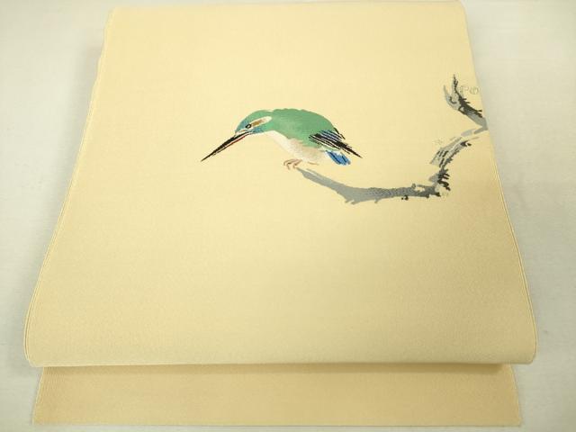 平和屋本店●極上　西陣　小川英謹製　爪掻き本綴れ　八寸名古屋帯　翡翠　カワセミ　浅黄色地　金糸　逸品　DZAA4834kh5