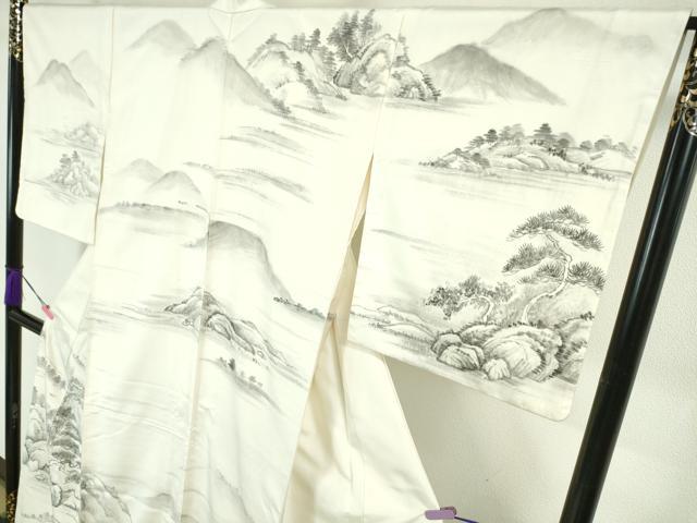 平和屋本店■極上　石川県指定無形文化財　牛首紬　白山工房　手織り　訪問着　手描き　風景松文　逸品　DZAA4844kh5 平和屋本店□極上 石川県指定無形文化財 牛首紬 白山工房 手織り 訪問