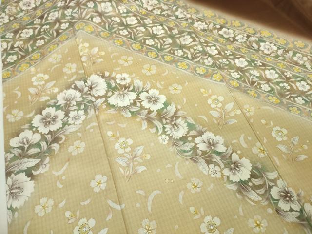 平和屋本店■極上　東京友禅　菅有鬼一　訪問着　白山紬地　手描き　草花文　銀彩　逸品　DZAA4905kh5 平和屋本店□極上 東京友禅 菅有鬼一 訪問着 白山紬地 手描き 草花文