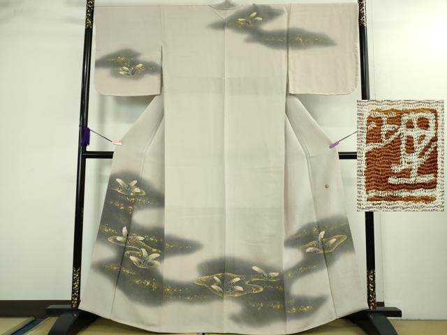 平和屋本店●極上　浦野理一　金彩友禅　訪問着　羊歯　灰桜色地　暈し染め　鬼しぼ縮緬　逸品　未使用　DZAA5017kh6
