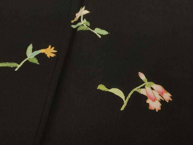 平和屋本店□極上 訪問着 駒刺繍 草花文 黒地 金彩 鬼しぼ縮緬