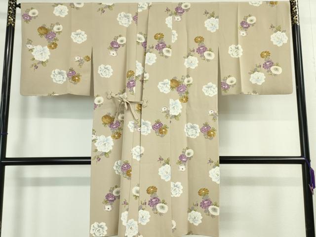 平和屋本店■極上　道中着　ロング丈　菊　牡丹　亜麻色地　金彩　逸品　DZAA5080kh5