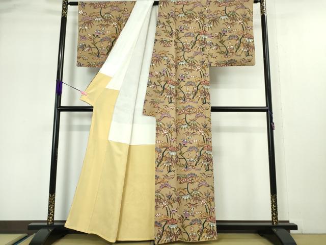 平和屋本店■極上　小紋　型染　花鳥松笹文　柴染色地　鬼しぼ縮緬　逸品　DZAA5106kh5 和装・和服