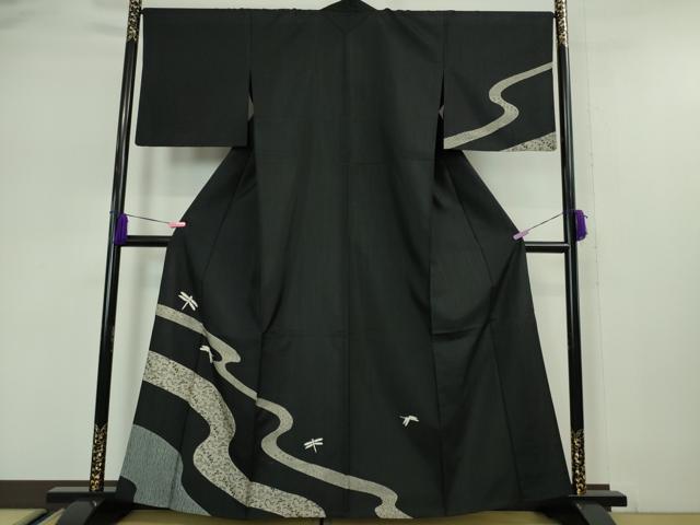 平和屋本店■極上　訪問着　単衣　紬地　絞り　蜻蛉　トンボ　流水花文　黒地　逸品　DZAA5107kh5