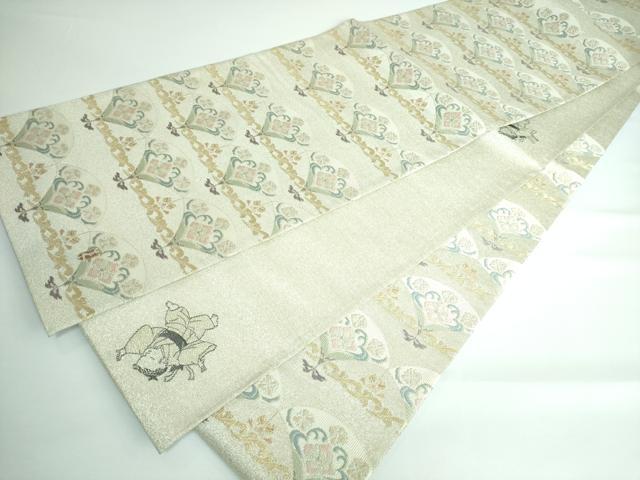 5k2382 丸帯　絹　両面全通　鶴　鷹　ベージュ　金色　緑　銀色　白　花柄 2025120915.jpg