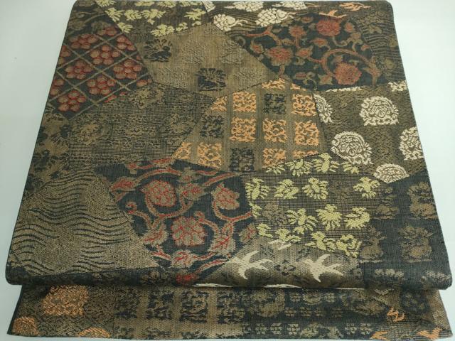 平和屋本店■極上　西陣　勝山織物謹製　六通柄袋帯　紬地　唐織　切り嵌め名物裂　金糸　逸品　DZAA5136kh5