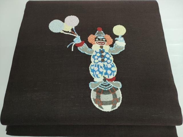 平和屋本店■極上　中国三大刺繍　総相良刺繍　総刺繍　太鼓柄袋帯　紬地　ピエロ　憲法黒茶色地　逸品　DZAA5153kh5