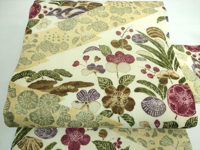 平和屋本店■極上　摺型友禅　京都　多ち花　九寸名古屋帯　スリーシーズン帯　生紬　松皮取の花　紙タグ付き　逸品　DZAA5184kh5