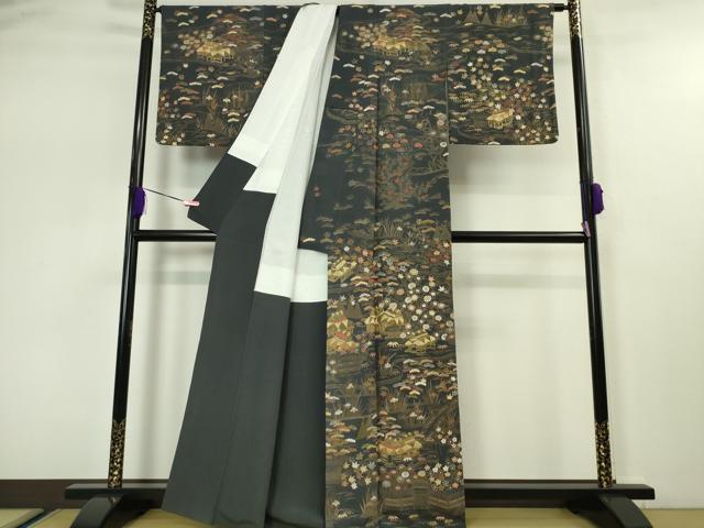 平和屋本店□極上 中国三大刺繍 相良刺繍 訪問着 渡橋風景花文 青褐色