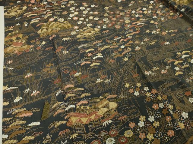 平和屋本店□極上 中国三大刺繍 相良刺繍 訪問着 渡橋風景花文 青褐色