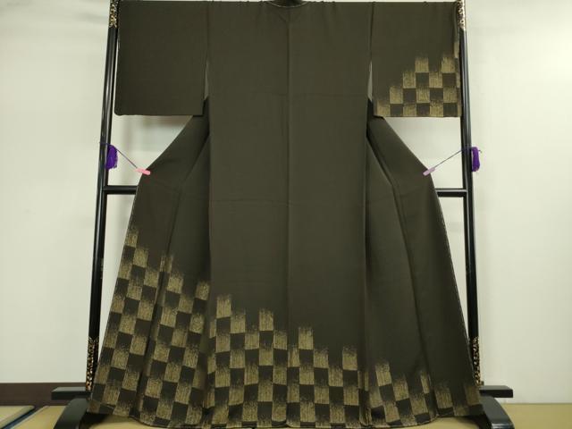 平和屋本店■極上　訪問着　お召地　市松文様　濃い檳榔子染色地　金糸　逸品　未使用　DZAA5211kh5