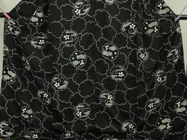 平和屋本店□極上 小紋 絞り 雪輪花文 黒地 ロング丈 逸品 DZAA5213kh5