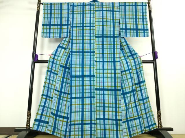 平和屋本店■極上　小紋　単衣　格子　反端付き　逸品　DZAA5215kh5 平和屋本店□極上 小紋 単衣 格子 反端付き 逸品 DZAA5215kh5 和装・和服