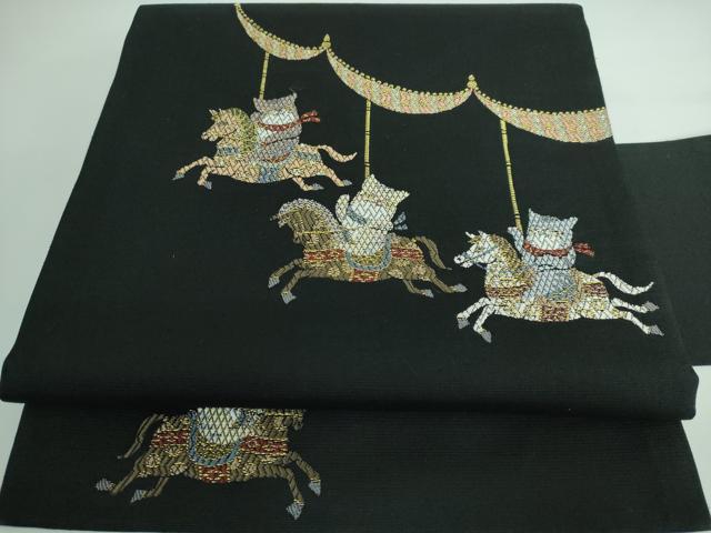 平和屋本店■極上　九寸名古屋帯　唐織　メリーゴーランド　猫　黒地　金糸　逸品　DZAA5259kh5