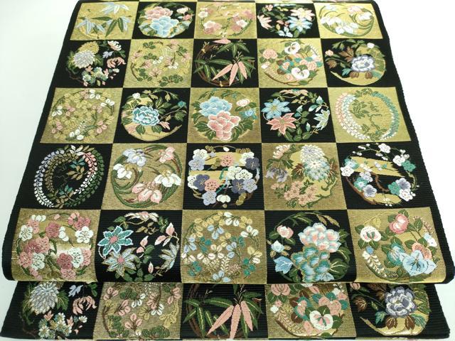 平和屋本店■極上　西陣の老舗　1782年創業　山下織物　六通柄袋帯　唐織　市松取四季花の丸　黒地　金糸　逸品　DZAA5275kh5