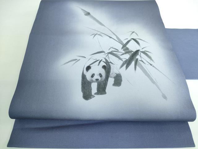 平和屋本店■極上　塩瀬　九寸名古屋帯　手描き　パンダ　笹　紅掛花色地　逸品　DZAA5290kh5