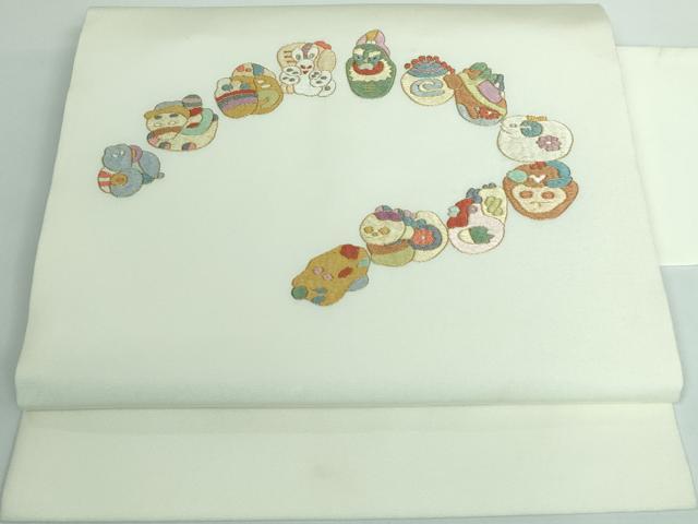 平和屋本店■極上　塩瀬　九寸名古屋帯　総刺繍　十二支　蒸栗色地　金糸　逸品　DZAA5329kh5