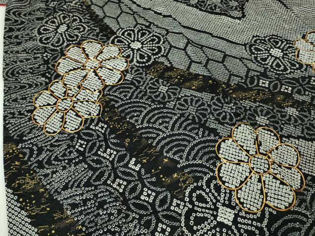 平和屋本店□極上 振袖 総絞り 駒刺繍 束ね熨斗花文 黒地 金糸