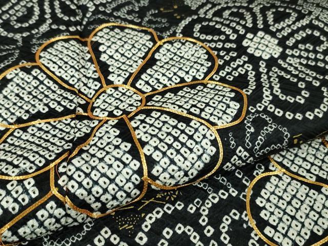 平和屋本店□極上 振袖 総絞り 駒刺繍 束ね熨斗花文 黒地 金糸