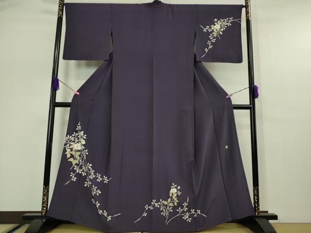 平和屋着物▽極上　本加賀友禅作家　小田美知代　訪問着　単衣　枝花文　深紫色地　染の近江謹製　逸品　DZAA5362kh6