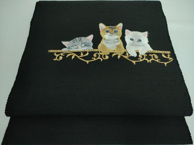 平和屋本店■極上　八寸名古屋帯　手刺繍　総刺繍　猫　黒地　逸品　DZAA5473kh5