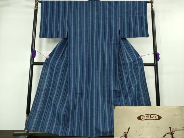 平和屋本店■極上　銀座もとじ　会津木綿　単衣　縞　たとう紙付き　逸品　DZAA5537kh5