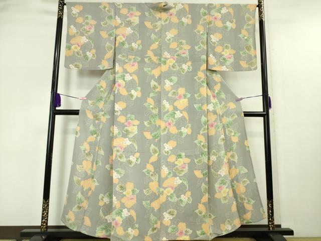 平和屋本店▽極上　小紋　単衣　草花文　錫色地　鬼しぼ縮緬　逸品　DZAA5566kh5_1