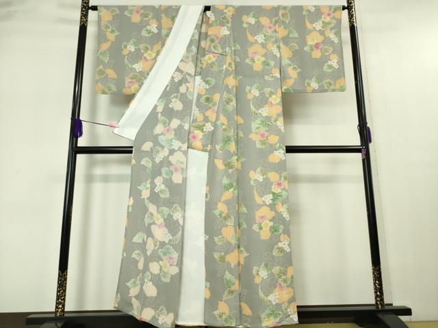 平和屋本店▽極上　小紋　単衣　草花文　錫色地　鬼しぼ縮緬　逸品　DZAA5566kh5_2