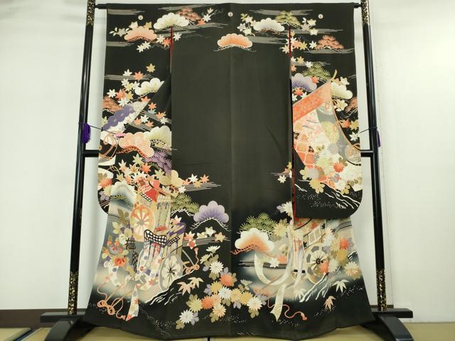 平和屋本店■極上　アンティーク　大正ロマン　振袖　刺繍　御所車吉祥花松文　黒地　逸品　DZAA5585kh5