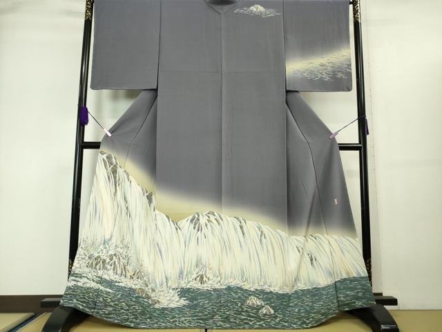 平和屋本店■極上　十日町友禅作家　林静穂　訪問着　滝　暈し染め　薄鼠色地　逸品　未使用　DZAA5645kh5