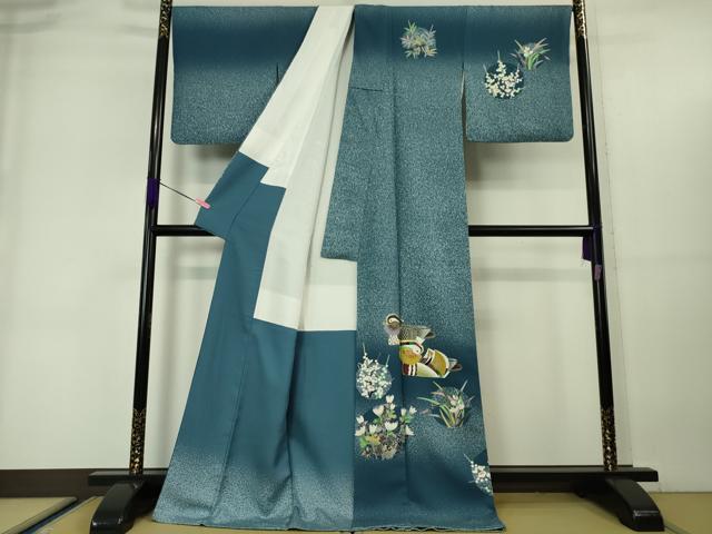 平和屋本店□極上 人間国宝・羽田登喜男 色留訪問着 鴛鴦 紫草 秘色色