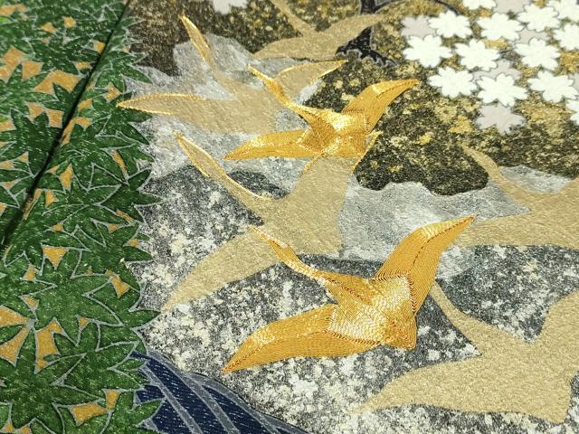 平和屋本店□極上 訪問着 駒刺繍 立波飛鶴文 黒地 金銀彩