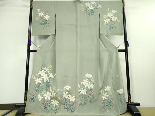 平和屋本店■極上　訪問着　単衣　友禅　作家物　百合　枝花文　金彩　鬼しぼ縮緬　ロング丈　逸品　DZAA5774kh5